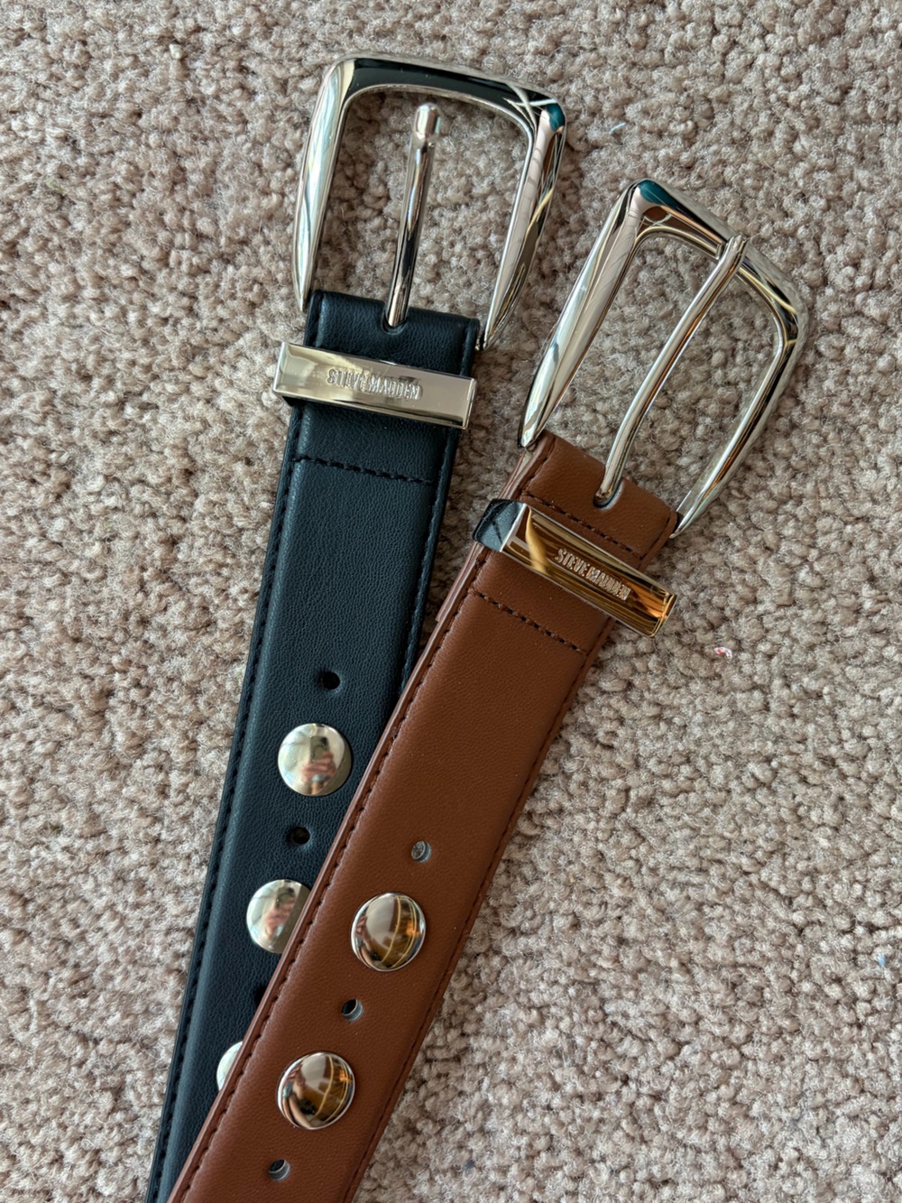 2x Steve Madden Faux Leather Silver Stud Hardware Khaite-Dupe Belts Black Brown